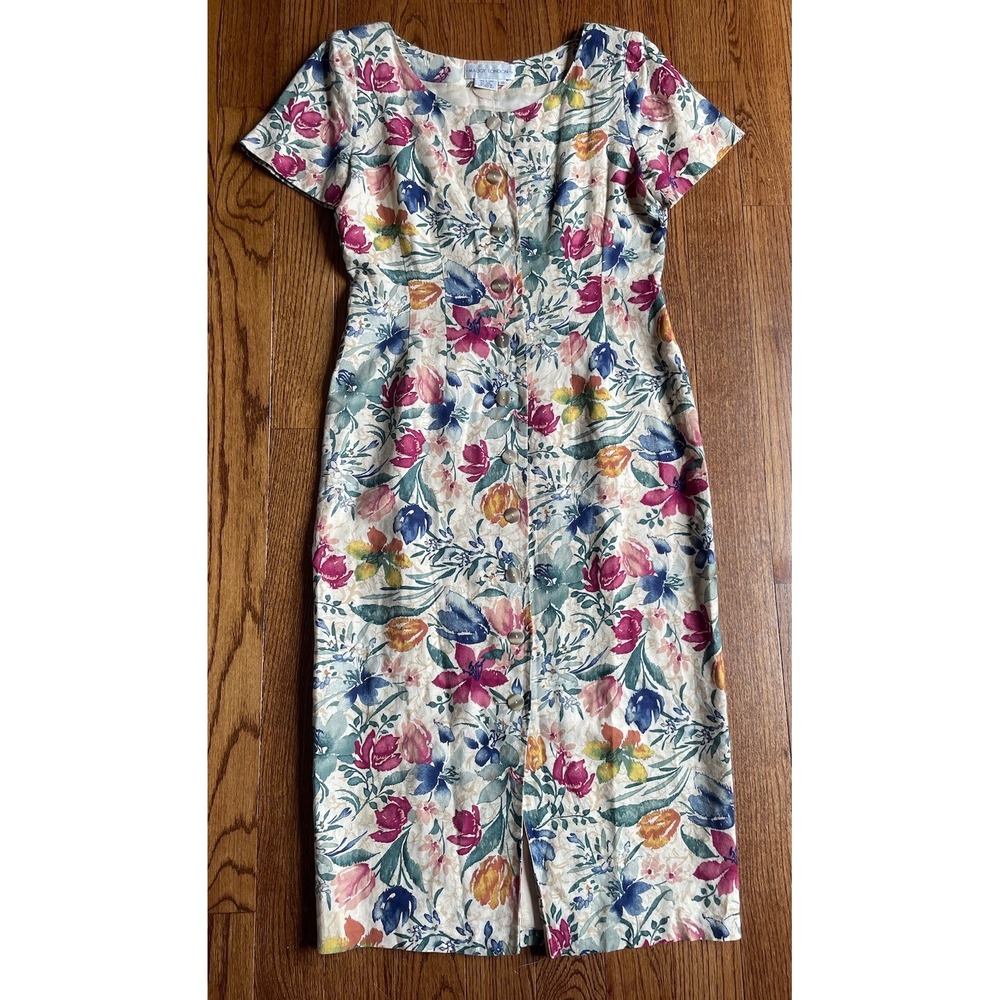 Vintage Maggie London Dress 10 Cottage Core‎ Linen Cotton Button Long 90s Modest